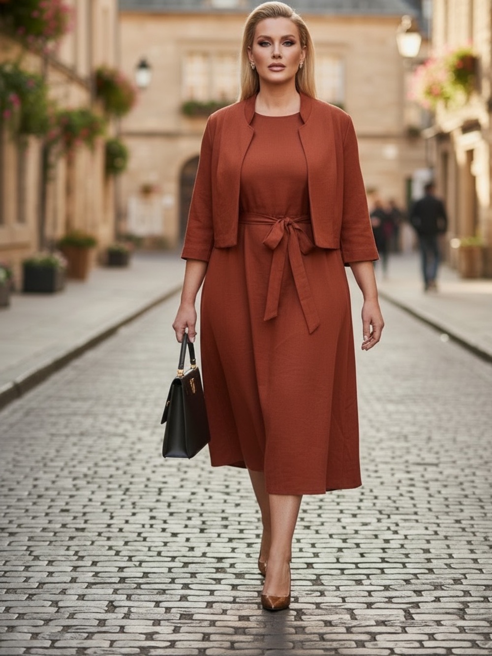 NWT STUDIO ONE 18W Rust Tie-Waist Midi Dress with Matching Jacket